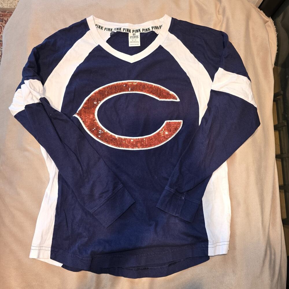 EUC Pink Victoria Secret NFL Collection Chicago Bears LS Sequin Logo Women's Med